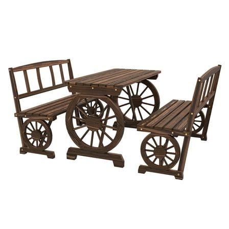 Patio Dining Set 4 Person, Carbonized Wood Outdoor Table & Benches, Wagon Wheel Design, Rustic Alfresco Furniture Set