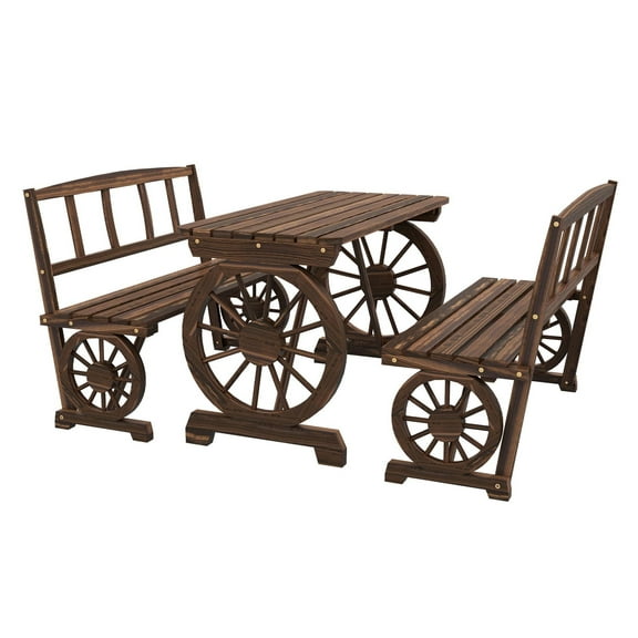 Patio Dining Set 4 Person, Carbonized Wood Outdoor Table & Benches, Wagon Wheel Design, Rustic Alfresco Furniture Set