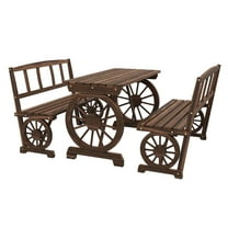 Patio Dining Set 4 Person, Carbonized Wood Outdoor Table & Benches, Wagon Wheel Design, Rustic Alfresco Furniture Set