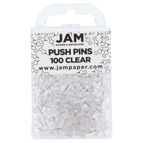 JAM Paper Colorful Push Pins, Clear PushPins, 100/Pack
