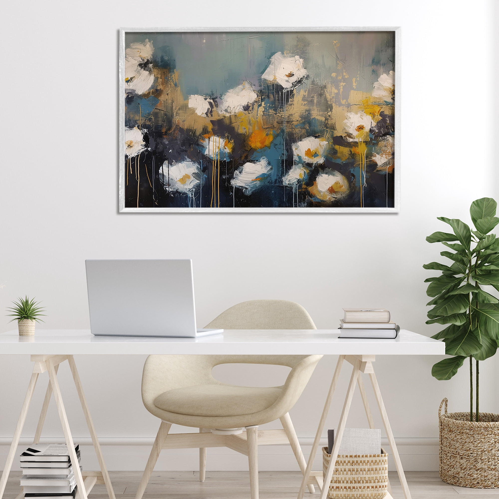 Stupell Industries Contemporary Paint Drip Blossoms White Framed Giclee Art, design by Jacky Ngan