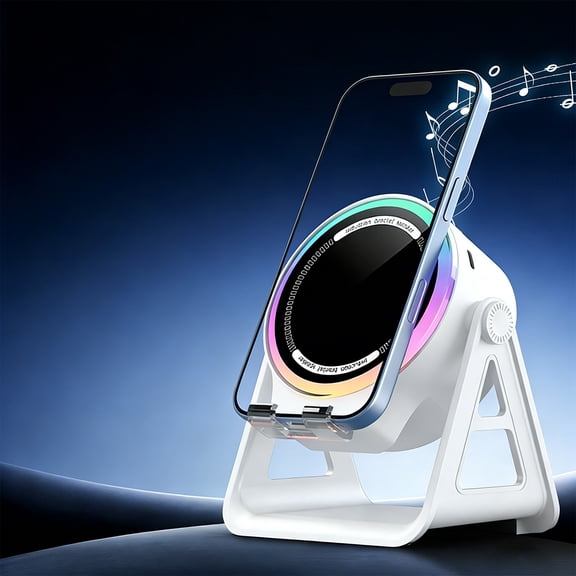 Multifunctional Wireless Charging Sensor Speaker - Rotating Phone Stand & Bluetooth Speaker | Ambient Light, Bluetooth 5.4 – White