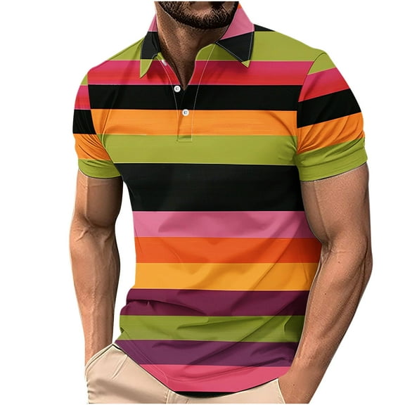 ZCFZJW Men's Classic Fit 100% Cotton Soft Short Sleeve Colorful Stripe Print Polo Shirt Big and Tall Regular Fit Casual Button up V Neck Henley Shirts Tops Multicolor#09 XL