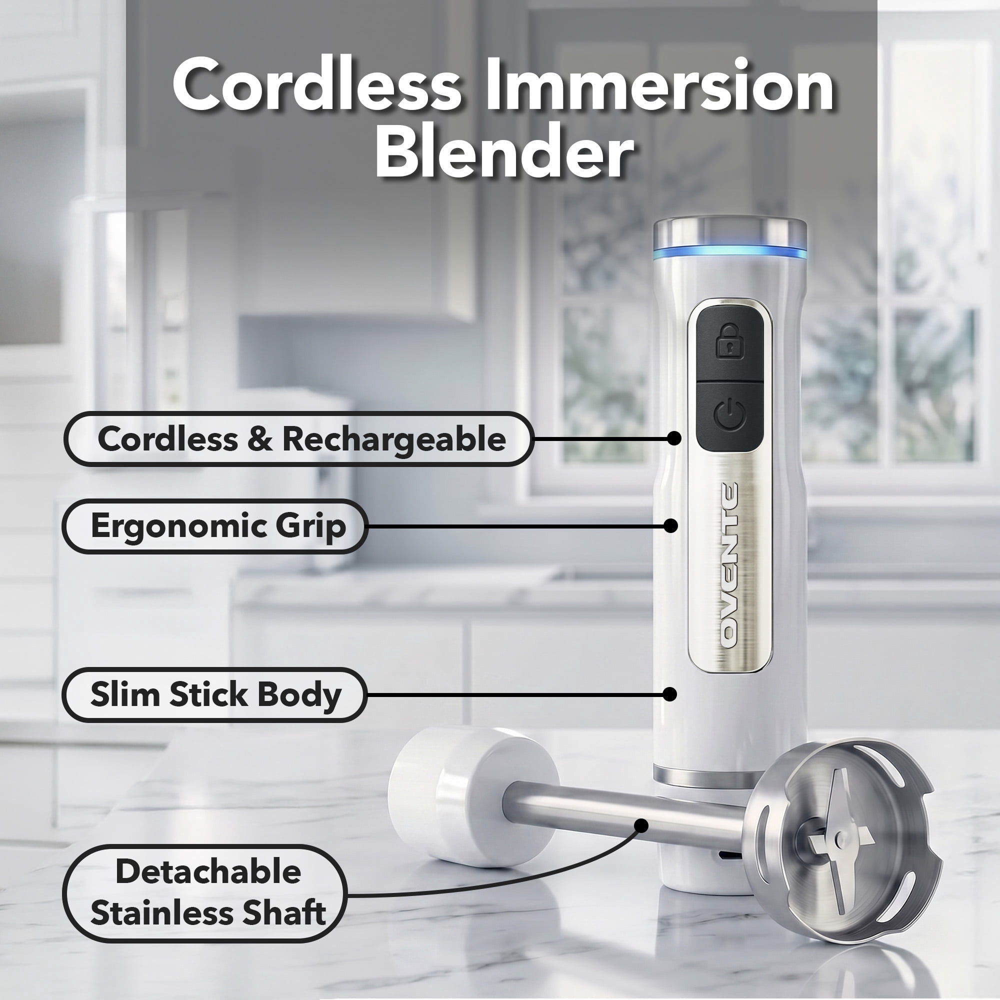OVENTE Cordless Hand Blender, Rechargeable with 8 Mixing Speed White HR781W | 200 Watts Handheld Portable Stick Mixer, One-Touch Control and Stainless Steel Blades for Smoothies, Shakes or Soups
