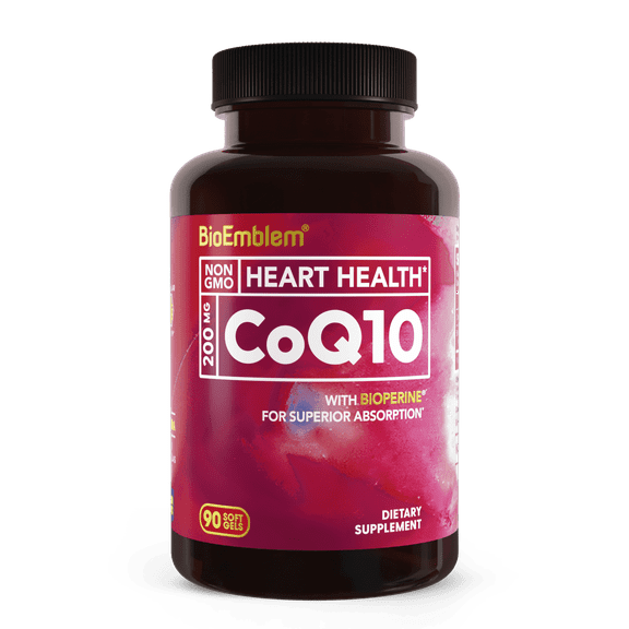 BioEmblem CoQ10 with BioPerine - 200mg Softgels, High Absorption - Coenzyme Q10 Antioxidant for Energy Production, Heart Health - Non-GMO CoQ10 Supplement Made In USA - 90 Count