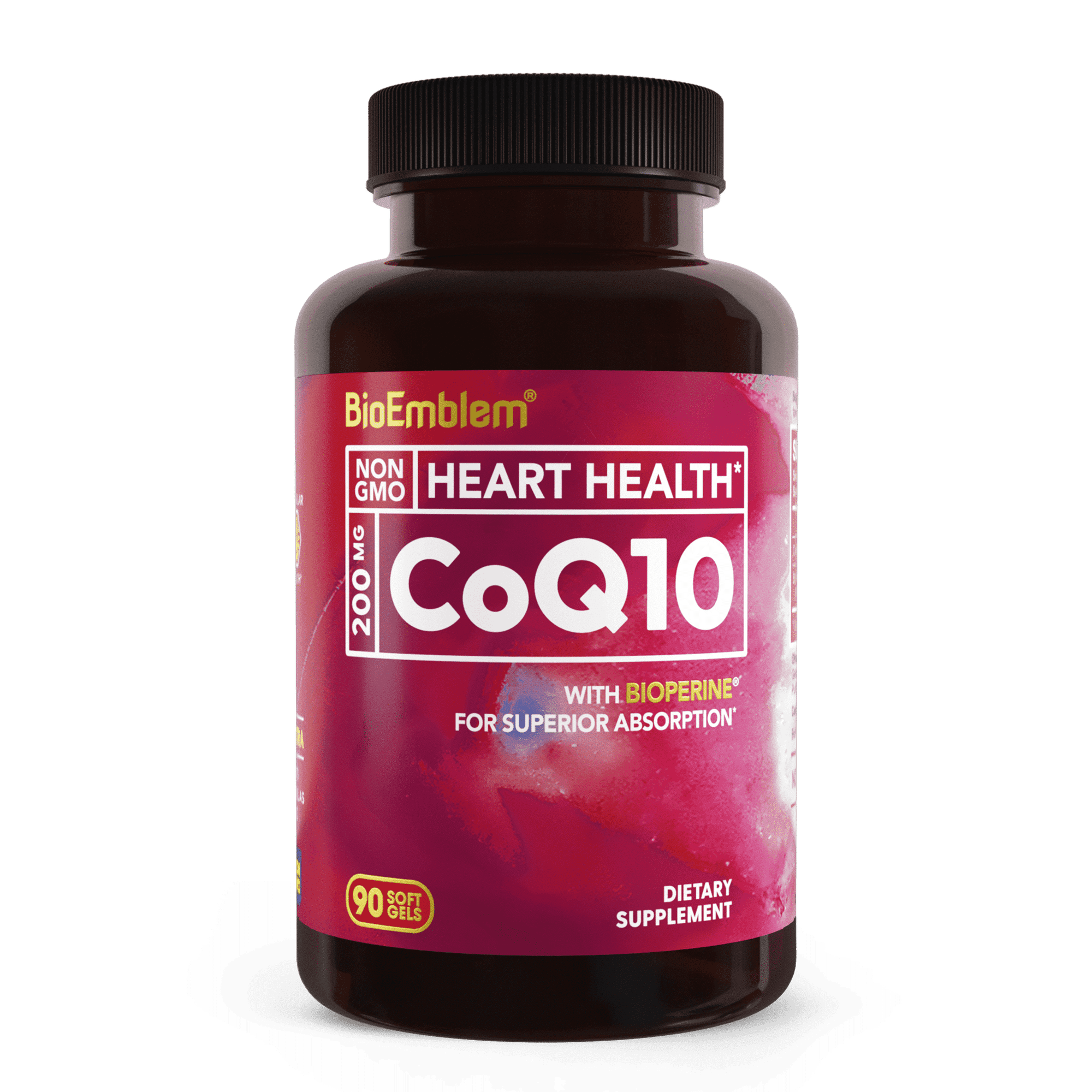 BioEmblem CoQ10 with BioPerine - 200mg Softgels, High Absorption - Coenzyme Q10 Antioxidant for Energy Production, Heart Health - Non-GMO CoQ10 Supplement Made In USA - 90 Count
