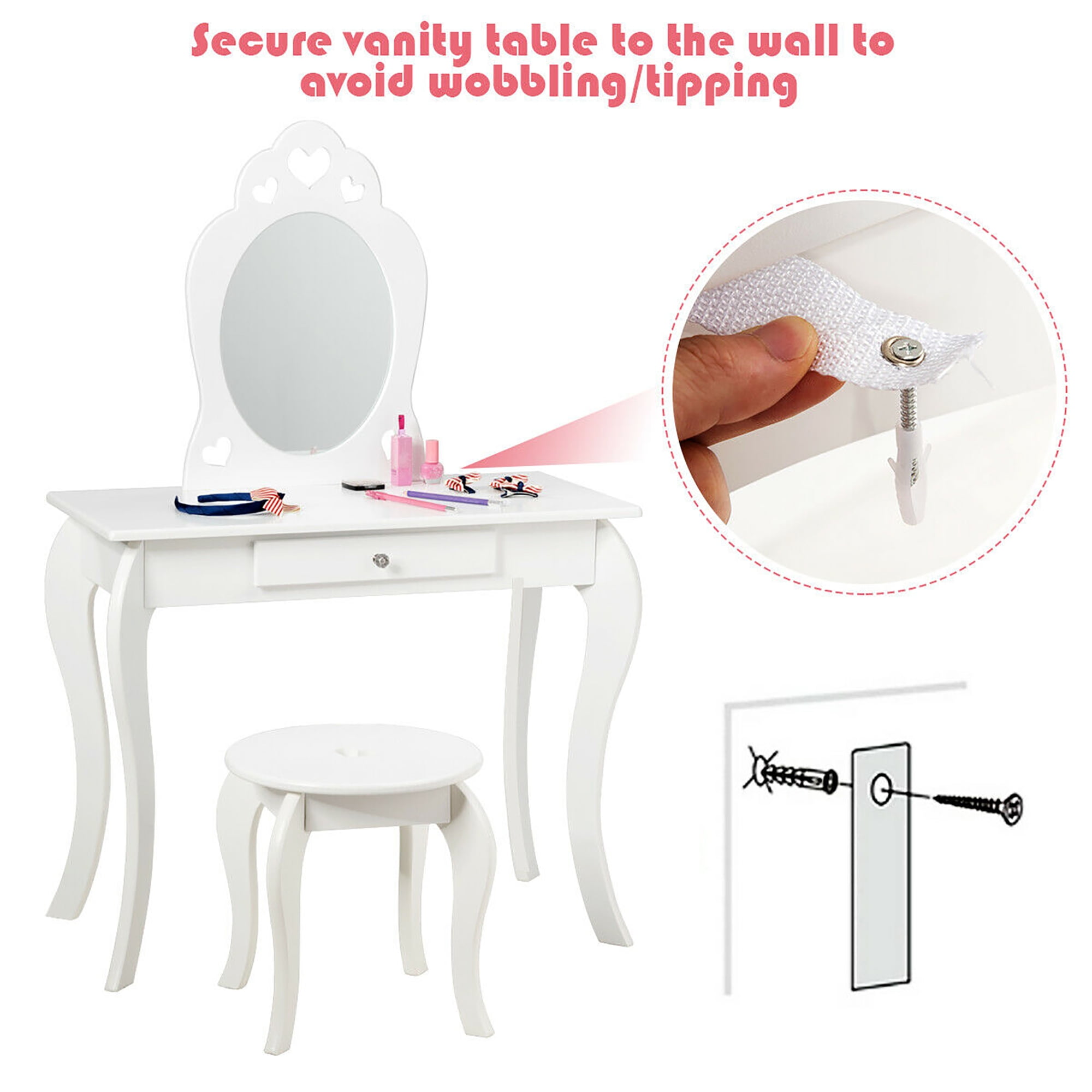 Costway Kids Vanity Set Princess Makeup Dressing Play Table Set W/Mirror  White