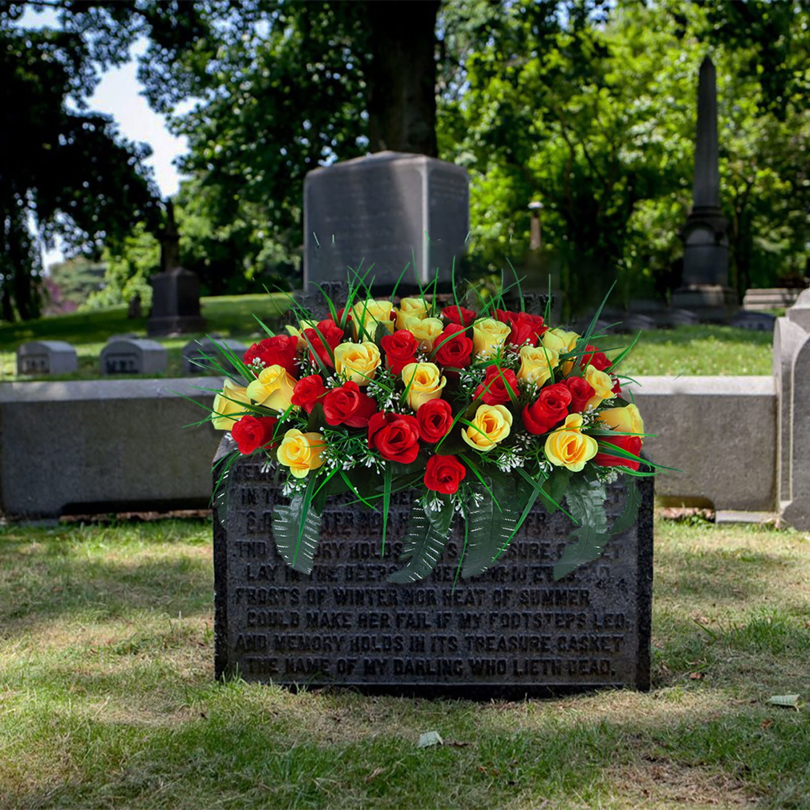 Outdoor Memorial Flower Saddle for Headstones - Large Artificial Cemetery Rose Flowers, Red and Yellow Grave Tombstone Decorations, Durable Grave Decor