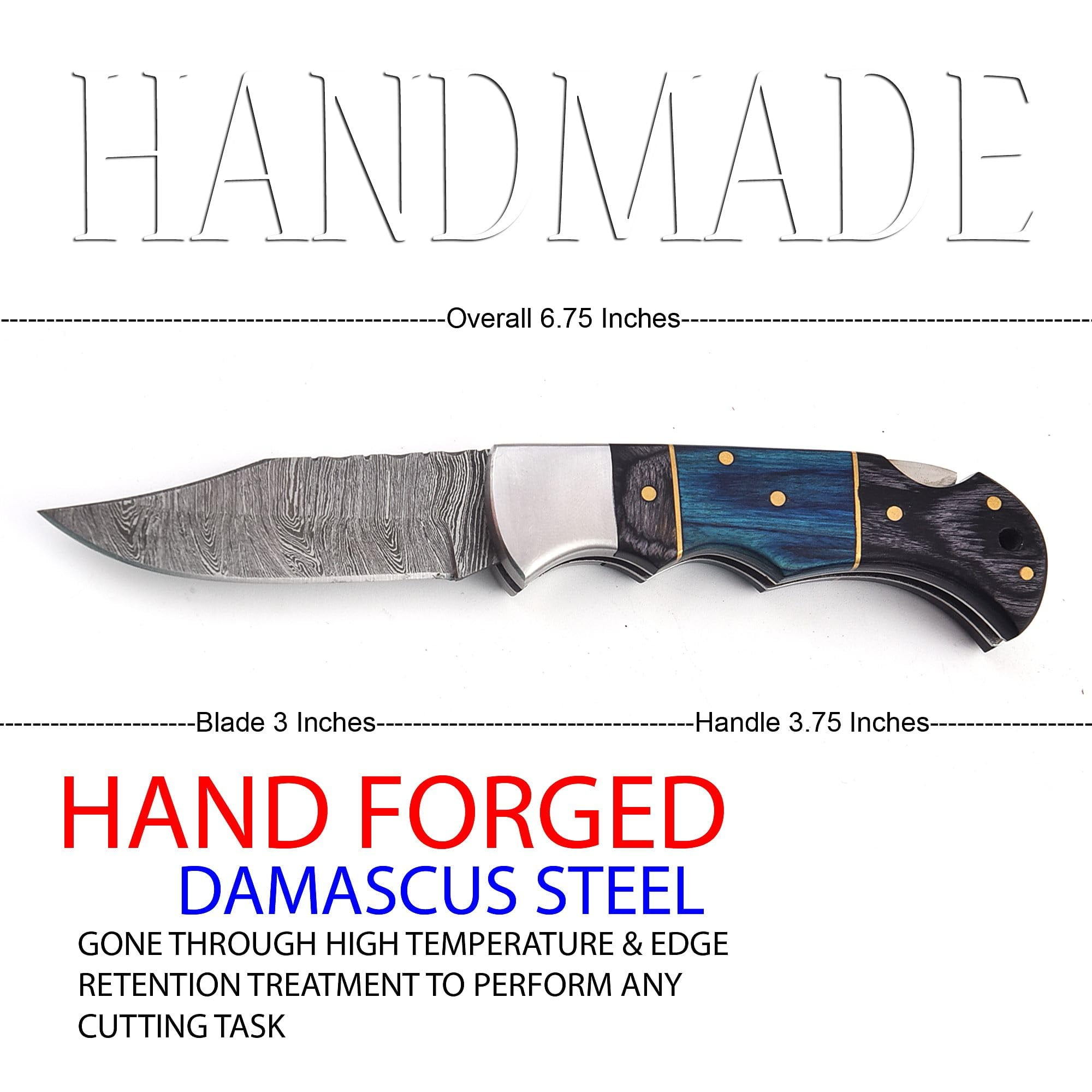 Poshland Damascus Steel Folding Knife – 3'' Blade with Blue Pakka Wood Handle, Ideal for Camping