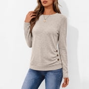 SUNBS Women's Long Sleeve Tunic Blouses Fall Button Side Ruched Shirts Crewneck Casual Tops Fashion Clothes