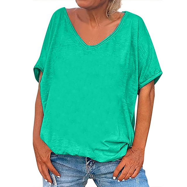 Timegard Womens Tops V Neck Short Sleeve Loose Blouse Summer Solid Color Casual Comfy Tops Basic Tee