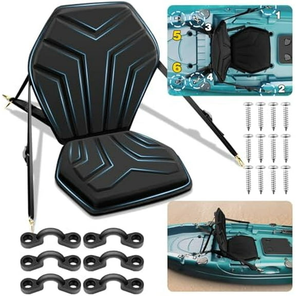 6-Point Attachment - Thick Padded Kayak Seat Cushion with Back Support,Extra Cushioned Kayak Replacement Seat Universal for Hobie,Sit on Top,Lifetime,Pelican,Perception,Raised,Sit in
