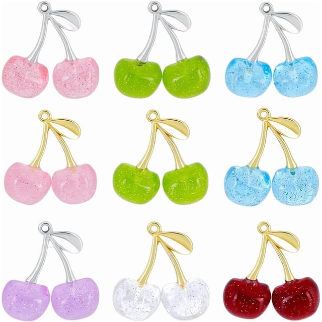 Dijes de cereza de 6 colores, 9 piezas de resina transparente, colgantes de cereza, cuentas de fruta, dijes colgantes DIY