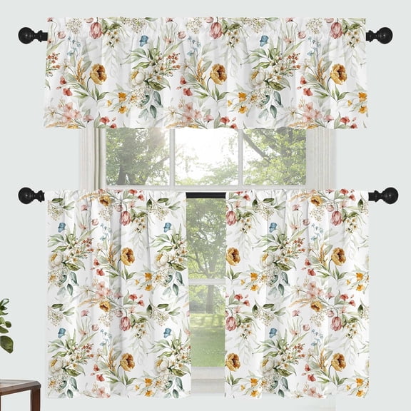 Yellow Flower Curtain for Kitchen Bathroom Beautiful White Floral Rod Pocket Window Tier Curtains Valance Set 3 Pcs Plant Printed Curtains 54 x 18 inches   27.5 x 36 inches *2