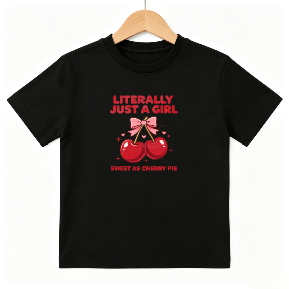 Just A Girl Cherry Girls Graphic Tee, Retro Sweet Cherry Pie 100% Cotton Kids Short Sleeve T-Shirt