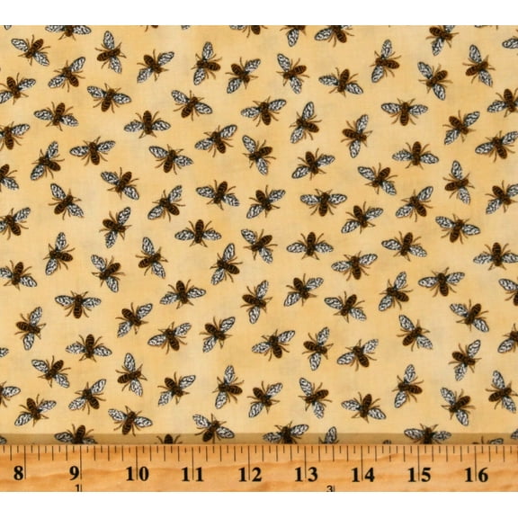 Cotton Bee Grateful Bees Honeybees Bumblebees Allover on Yellow Cotton Fabric Print by the Yard (19965-12)