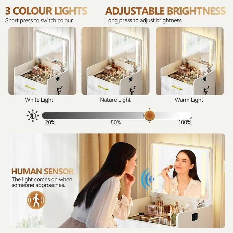 Compact Vanity Desk Set With Flip Top Mirror, LED Light, Makeup Vanity Table With Drawers For Small Space, Hidden Mini Vanity Dressing Table With Removable Upholstered Stool, Bedroom,White