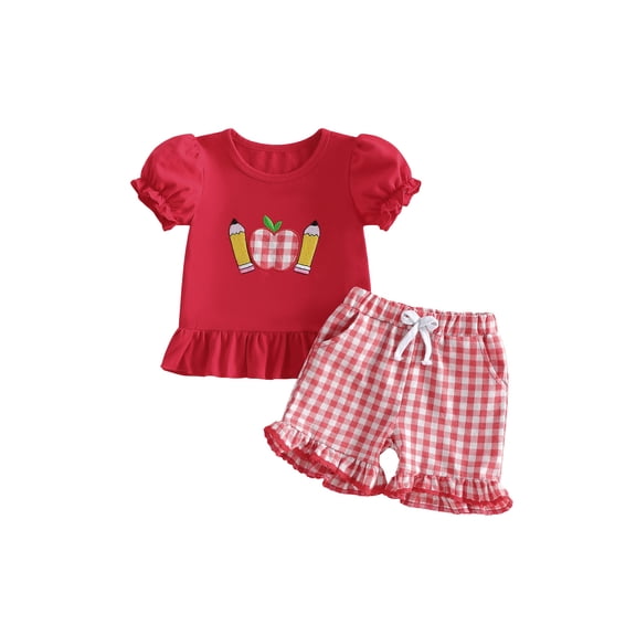 BemeyourBBs Toddler Baby Girl Back to School Outfits Pre Kindergarten Outfits Litttle Baby Girl Summer Clothes Cute Apple Pencil Embroidery Puff Short Sleeve Tops and Plaid Shorts Set
