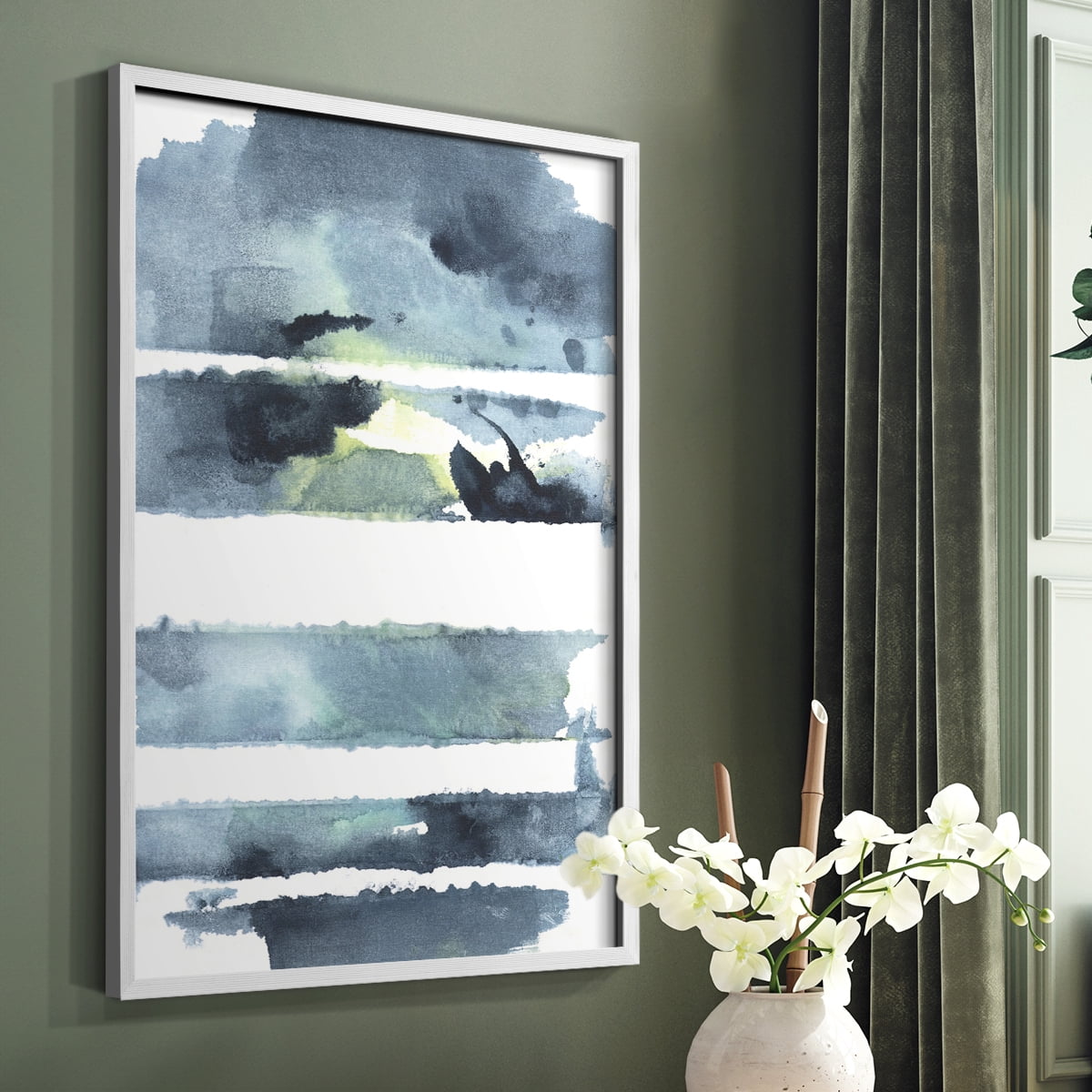 Blue Memories I Framed Print in White Solid Wood Framed Print No Nail Hanging