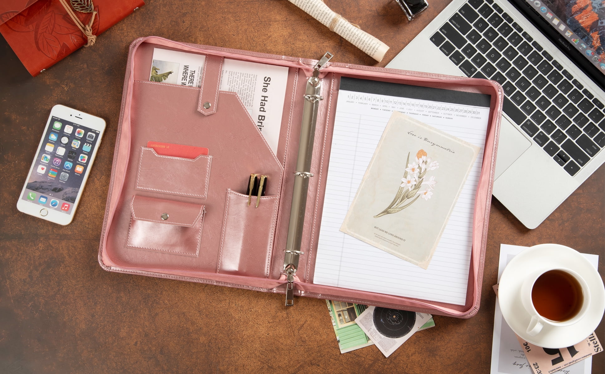 LeatherBelief Vegan Leather Portfolio, Rose, 3-Ring Binder with Zippered Closure, 12.5 x 10 x 1.6 inches