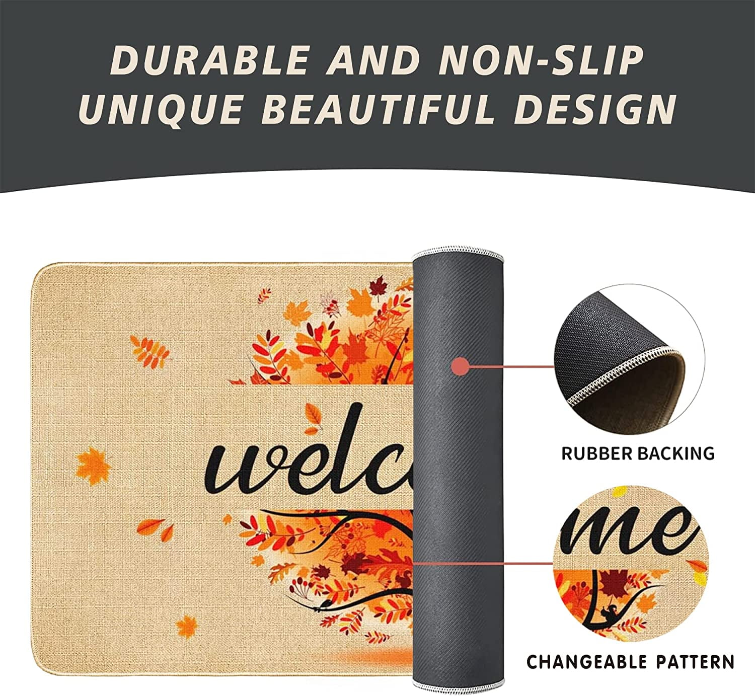 Fall Welcome Front Doormat, Orange Floral Tree Decor Floor Mat Autumn Rubber Non-Slip Reusable Entrance Door Mat Gift Indoor Decoration Supplies Home Decorations Outdoor Mats 17x30"