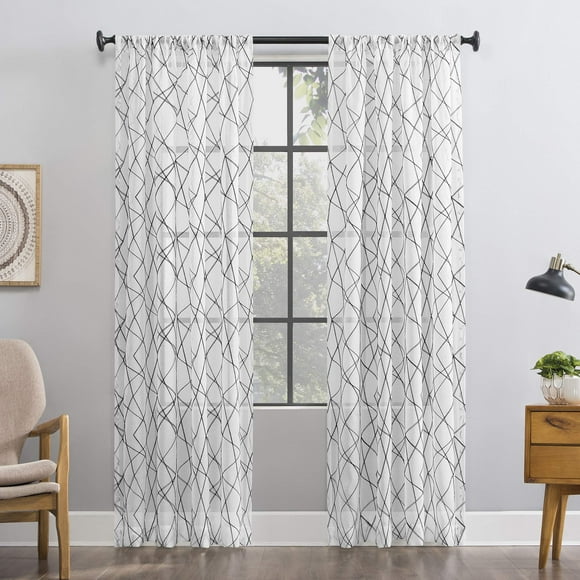 No. 918 Fraction 2-pack Mid-Century Modern Geometric Embroidery Semi-Sheer Rod Pocket Curtain Panel Pair, 50" x 84", Black