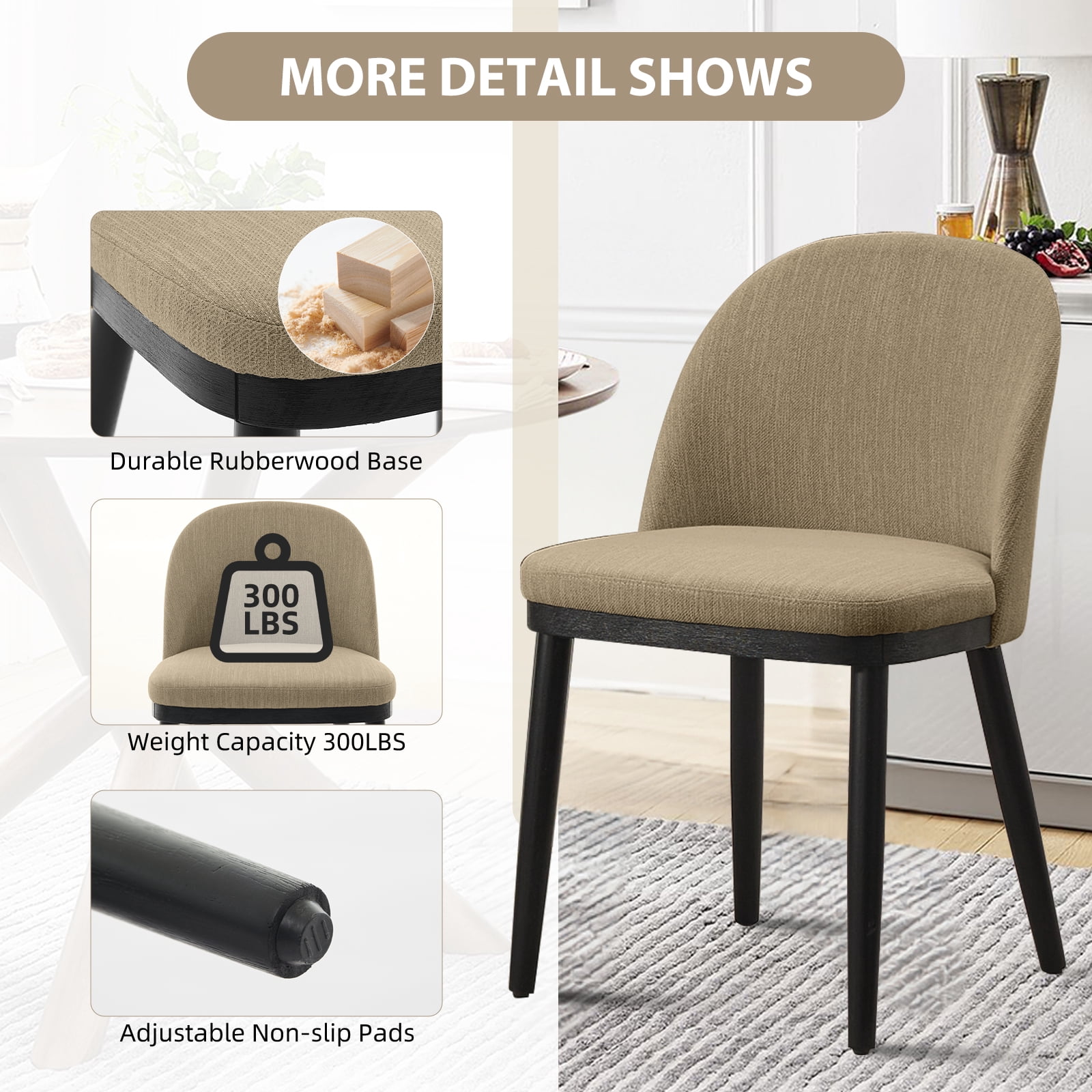 Memoryfield Dining Chairs Set of 2, Modern  Upholstered Kitchen Side Chairs with Curved Backrest, Camel