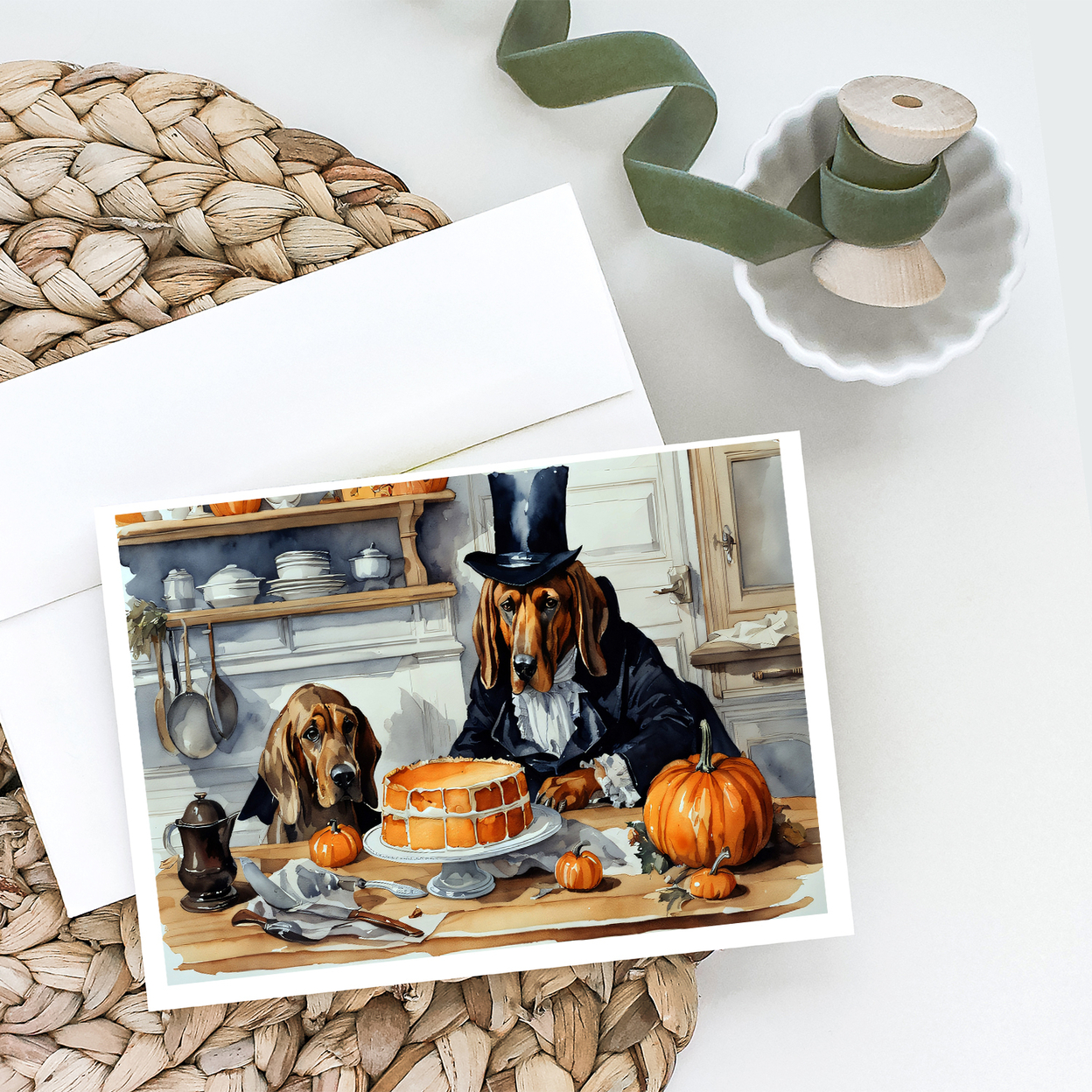 Bloodhound Fall Kitchen Pumpkins Greeting Cards and Envelopes Pack of 8 7 in x 5 in
