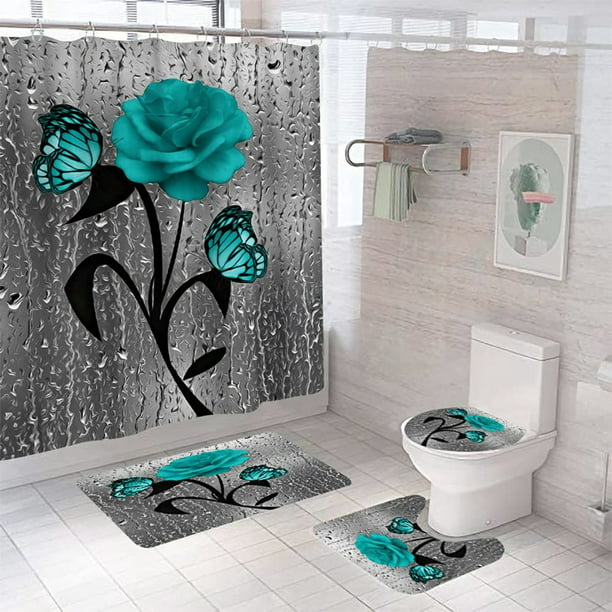 4 Pcs Teal Rose Shower Curtain Sets, Teal Shower Curtain Sets With Rugs