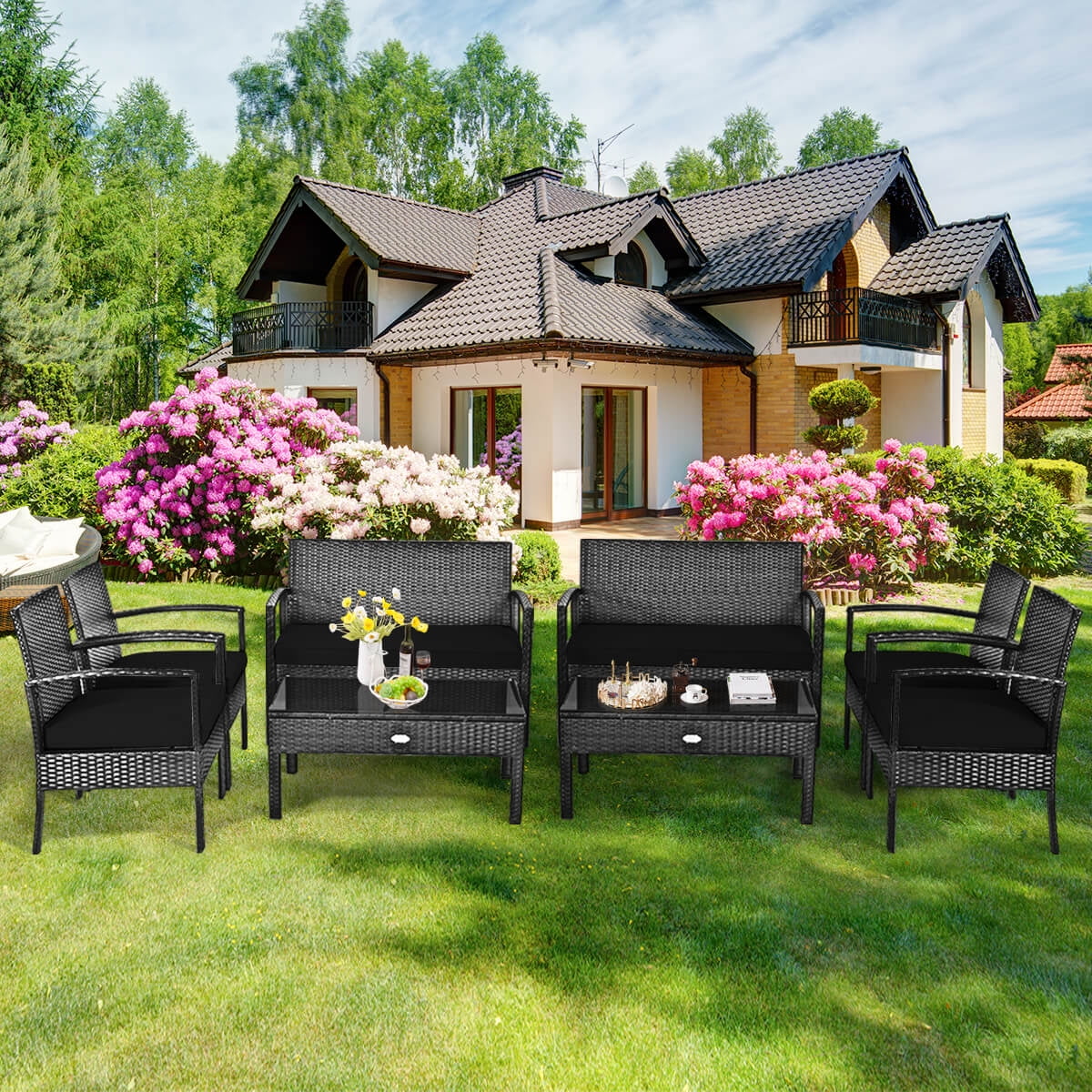 Costway 4 PCS Outdoor Patio Rattan Furniture Set Cushioned Sofa Coffee Table Garden Deck