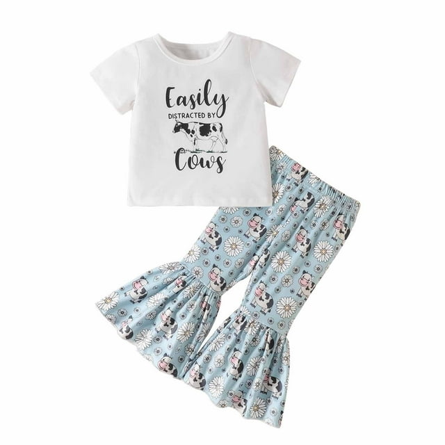 Conjunto De Algodón Con Cuello Redondo Para Niñas Pequeñas, Ropa De Manga Corta, Pantalones Informales Con Estampado De Vaca, Conjunto De Pantalones Acampanados Odeerbi LM103-7319