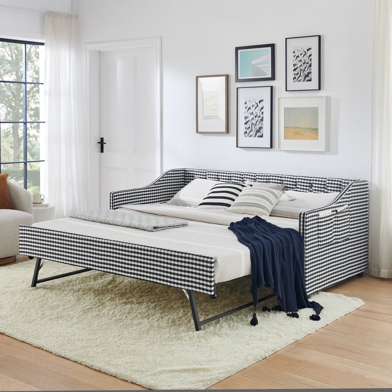 Twin Size Daybed with Pop Up Trundle, Gingham Upholstered Daybed Frame with Tufted Button Backrest and Side Storage Pocket, Modern Sofa Bed for Living Room Bedroom