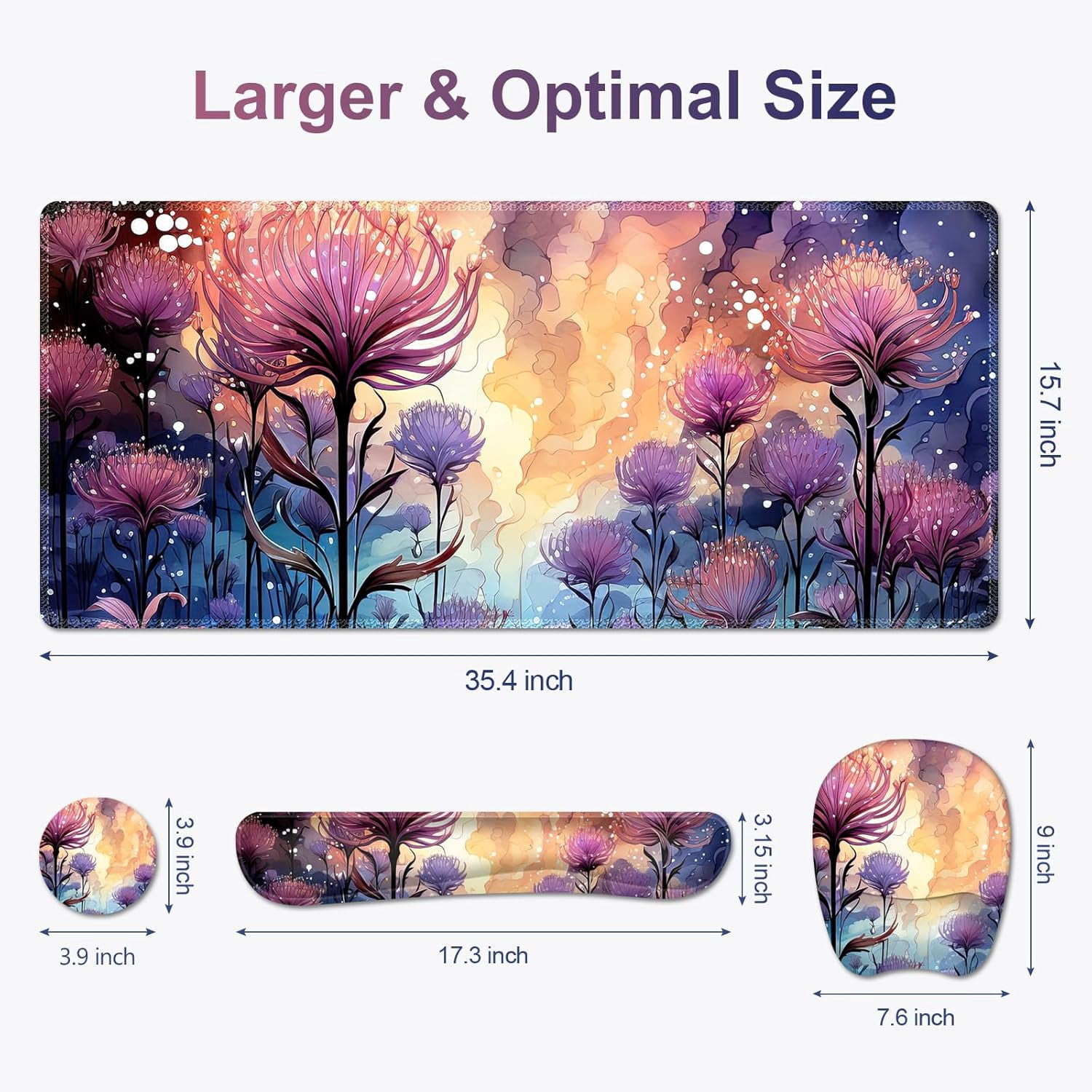 4 in 1 Large Mouse Pad, Keyboard Wrist Rest Set, Ergonomic Mouse Pad with Wrist Support, Desk Mat with Stitched Edges, Extended Desk Pad Waterproof Desk Mat for Home Office I Blossom Purple Flower