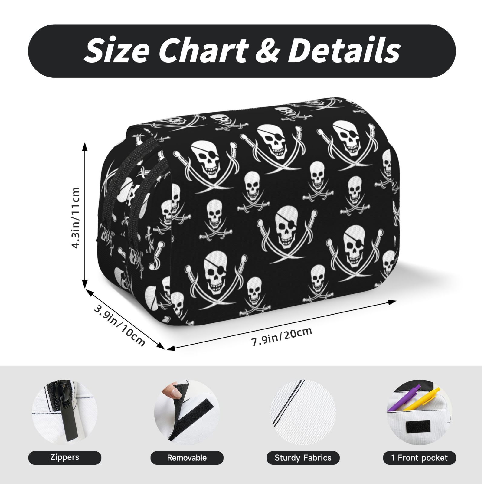 Rateoe Pirate skulls Pattern Double Clamshell Pen Case, Storage Organizer with Two Zipper Compartments– Holds Up to 50 Pencils & Pens