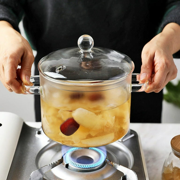 WFF Glass Cooking Pot, Transparent Amber Glass Stockpot Open Fire Available  Stew Soup Pot Wood Handle Heat Resistant Noodle Bowl Milk Pot (Color 