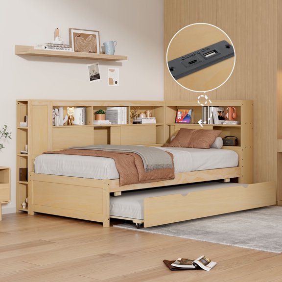 Harper & Bright Designs Twin Size Daybed with Trundle and Bookcase, L Shaped Daybed with Shelves & USB Ports for Boys Girls Adults, Natural