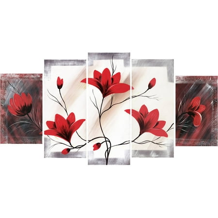 Design Art Red Flower Canvas Art, 5 Pieces, 60