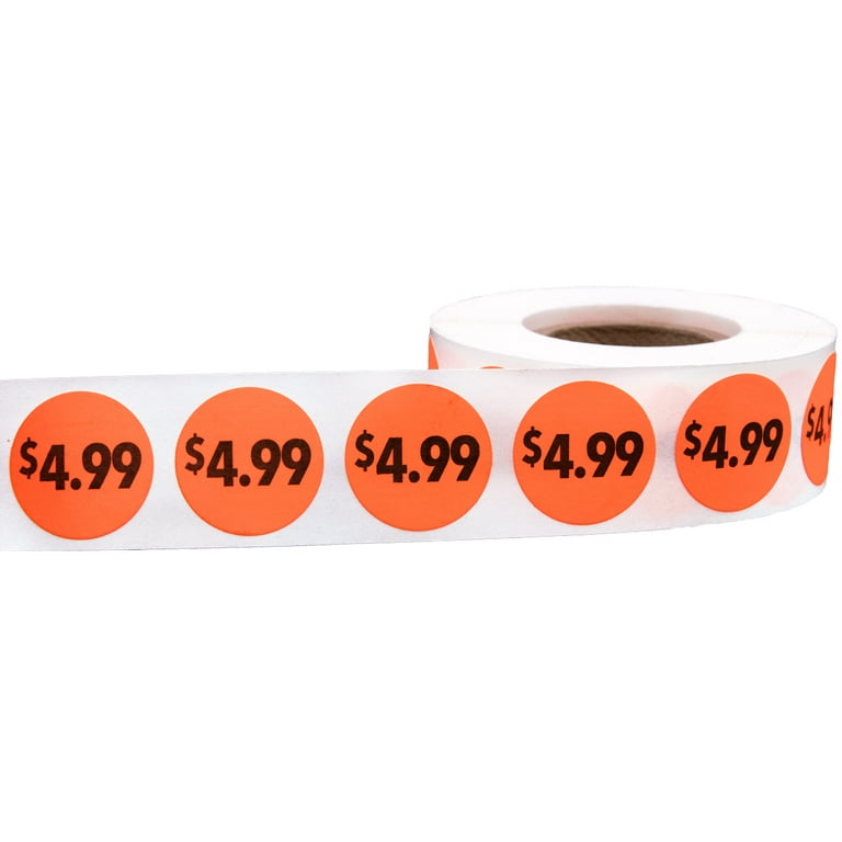 Fluorescent Red $4.99 Pricing Stickers, 0.75 Inch Round