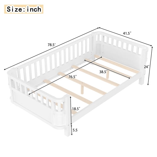 Bellemave Twin Size Bed Frame, Twin Montessori Bed with Safety Guardrails and Detachable Fence, Wood Platform Bed Twin Daybed Frame, Low Profile & Rounded Corners Design, White