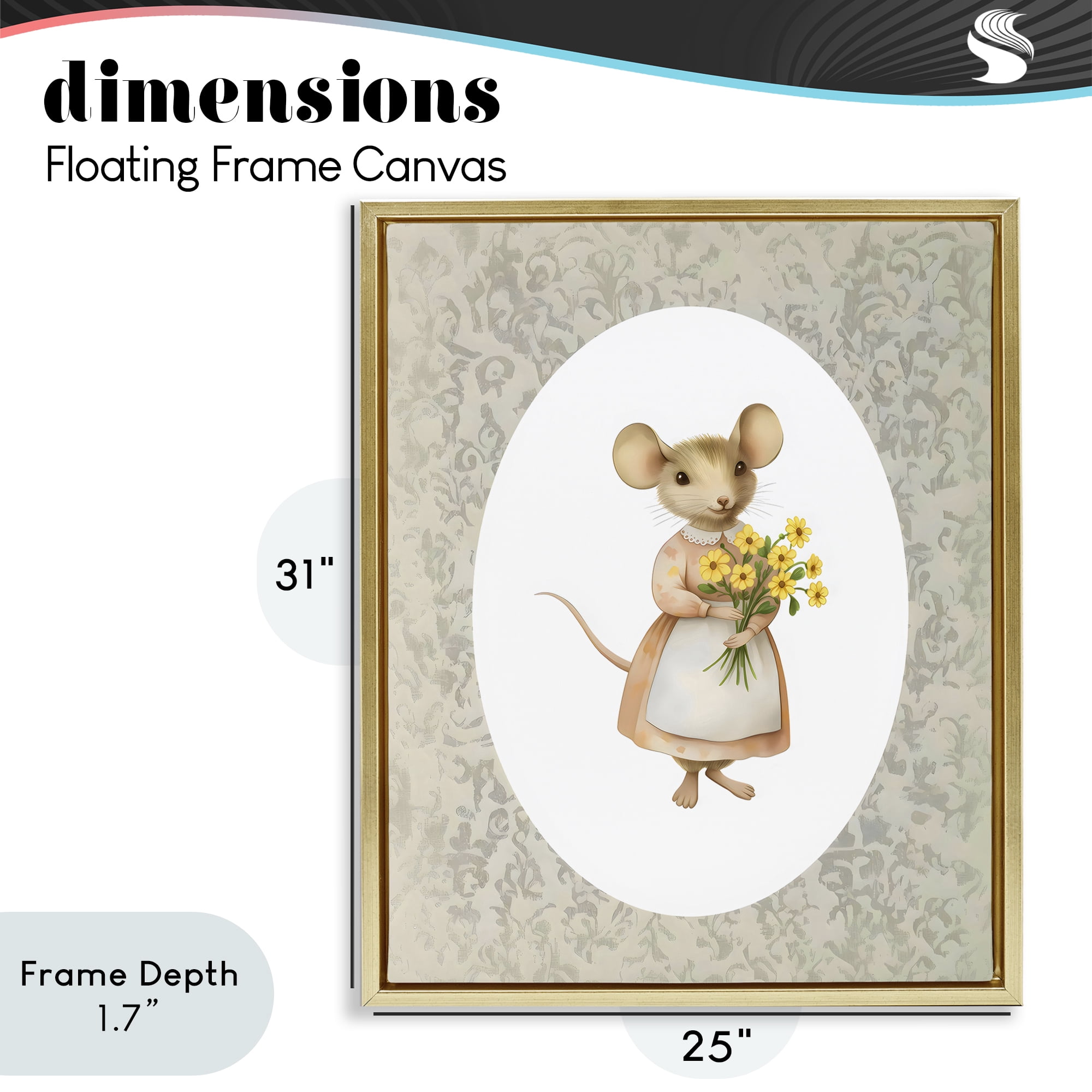 Stupell Industries Little Mouse with Flowers Gold Framed Floater Canvas Wall Art, design by Arlington Prints