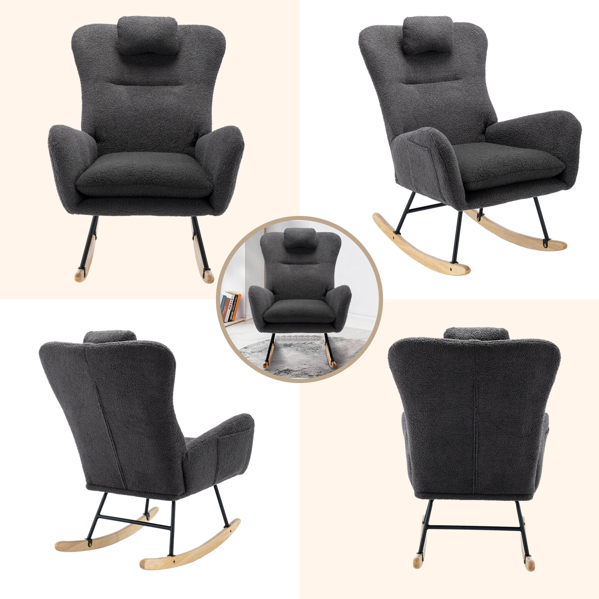 PAPROOS Modern Teddy Fabric Rocking Chair, Accent Rocker Chair with High Backrest for Nursery, Accent Glider Rocker for Living Room Bedroom Playroom，Gray