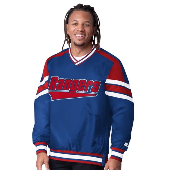 Men's Starter Blue New York Rangers Reliever V-Neck Pullover Jacket