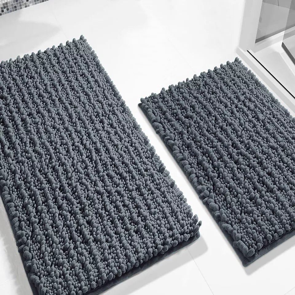 2 Piece Set Dark Grey Soft Cozy Plush Chenille Bath Mat Bathroom Rug