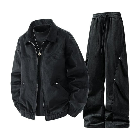 CONZONE Mens Sweatsuit 2 Piece Sets Fashion Retro Men's Clothing Set Solid Color Suede Leather Jacket Pants 2Pcs Outfit Set for Men Cozy Fall Winter Hippop Clothes