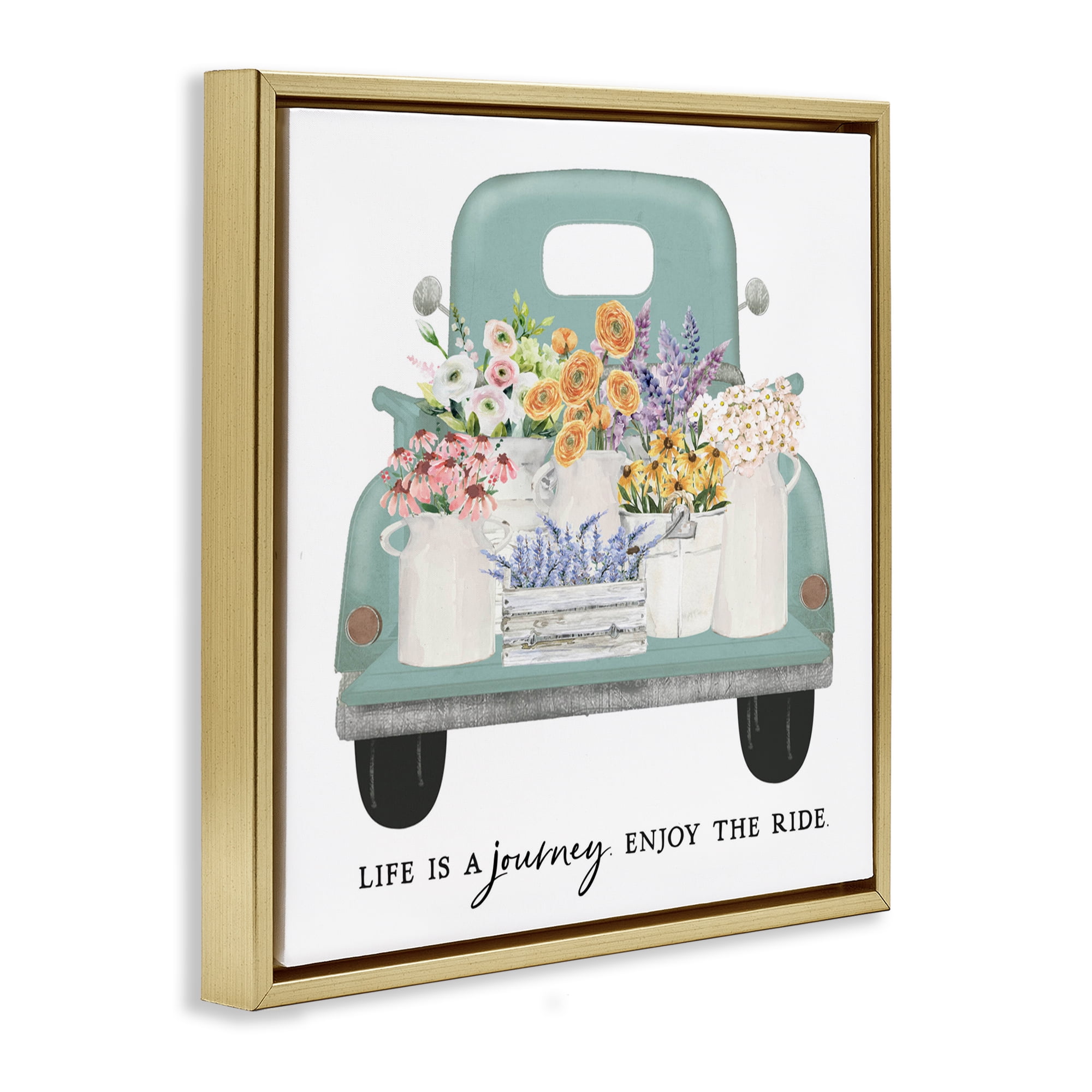 Enjoy Ride Floral Truck Gold Framed Floater Canvas Wall Art, design by Lettered and Lined