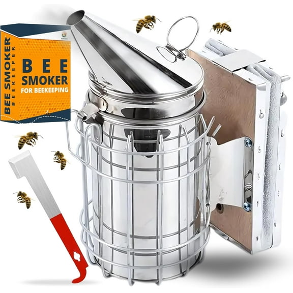 SunVara Bee Smoker Stainless Steel Bee Smoker for Beekeeping Beekeeping Supplies Bee Hive Smoker with Heat Shield - Beekeeping Tools Bee Hive Tool Smokers for Bees