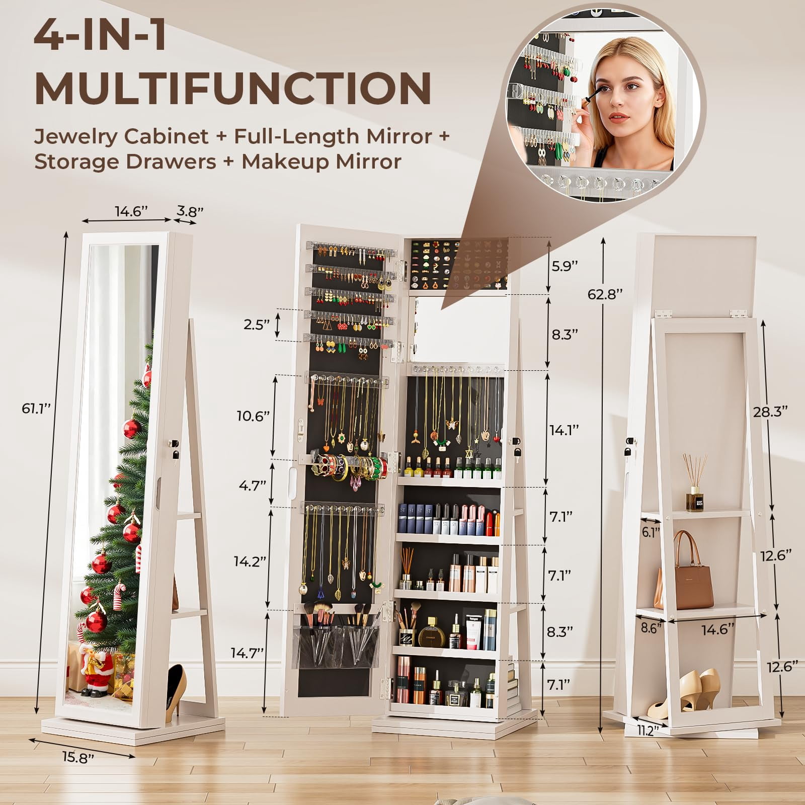 4 in 1 Jewelry Cabinet with Full-Length Mirror, 360° Swivel Jewelry Armoire Lockable Standing, Jewelry Organizer with Storage, Back Storage Shelves, Makeup Mirror, White
