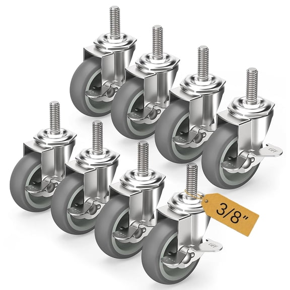 Caster Wheels 3 inch Locking Stem Casters, 3/8" -16 x 1-1/2" (Stem Diameter 3/8", Stem Length 1-1/2") Threaded Stem Casters Swivel Casters Set of 8 Heavy Duty Castors Gray
