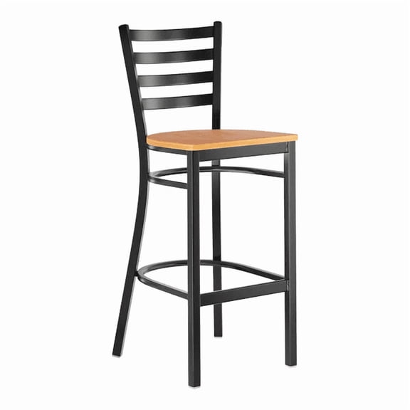 Black Ladder Back Metal Restaurant Barstool with Natural Wood Seat - Commercial Quality Metal Restaurant Barstool