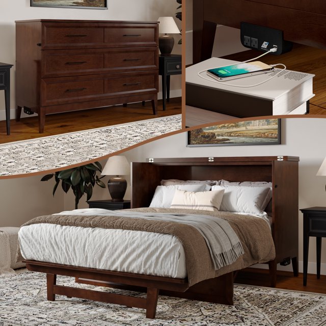Santa Fe Coffre-Lit Escamotable en Bois Pleine Grandeur avec Matelas et Chargeur Intégré, Noyer